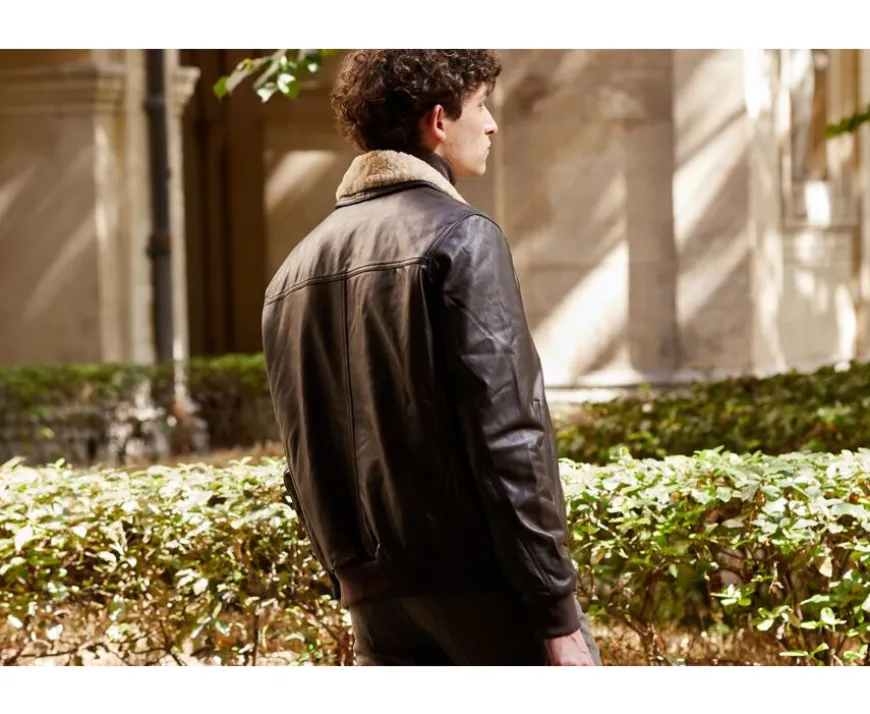 Chaqueta de cuero de aviador para hombre Marrón Everett Ii-Bexley Shop