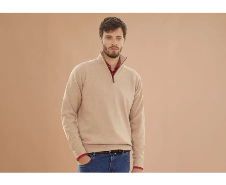 Jersey de hombre de lana con cuello con cremallera Beis moteado Kenneth-Bexley Clearance