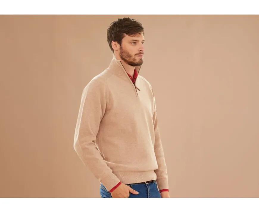 Jersey de hombre de lana con cuello con cremallera Beis moteado Kenneth-Bexley Clearance