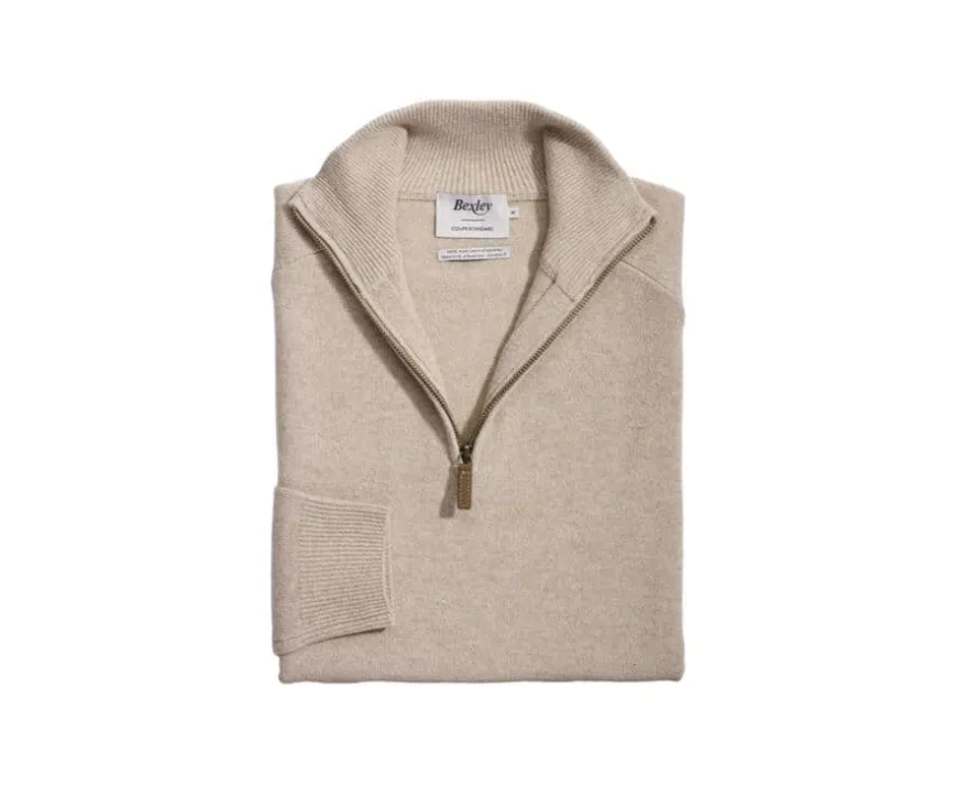Jersey de hombre de lana con cuello con cremallera Beis moteado Kenneth-Bexley Clearance