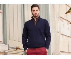 Jersey de hombre de lana con cuello con cremallera Azul marino Keithy-Bexley Clearance