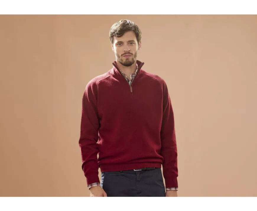 Jersey de hombre de lana con cuello con cremallera Rojo Oscuro Kenneth-Bexley New
