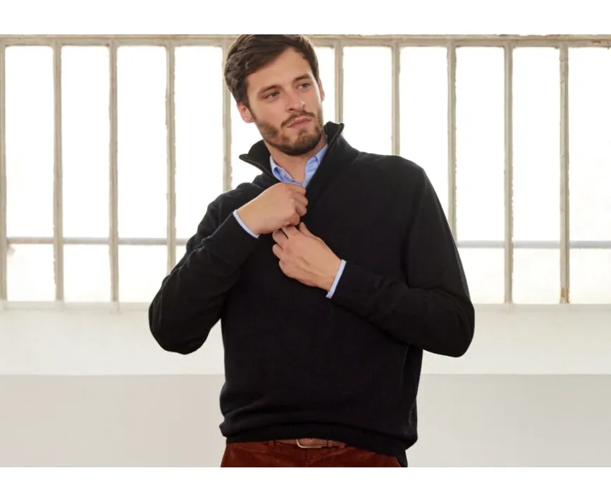 Jersey de hombre de lana con cuello con cremallera Negro Kenneth-Bexley Hot