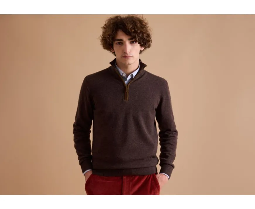 Jersey de hombre de lana con cuello con cremallera Chocolate oscuro Keithy-Bexley Discount