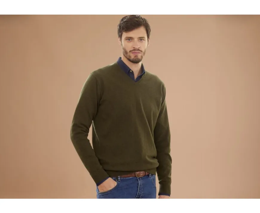 Jersey de lana con cuello de pico para hombre Verde Elian-Bexley Sale