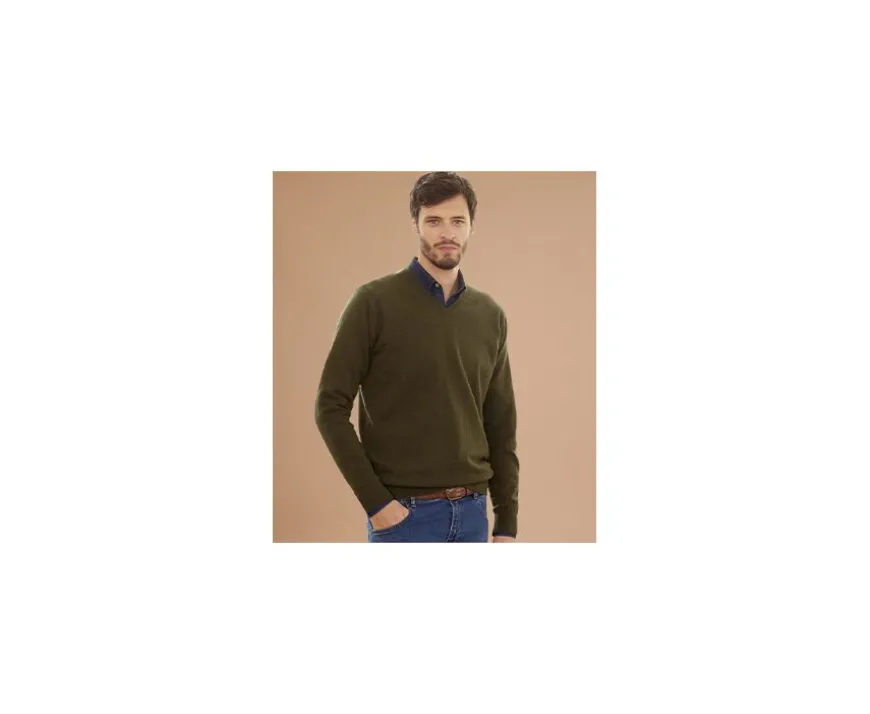 Jersey de lana con cuello de pico para hombre Verde Elian-Bexley Sale
