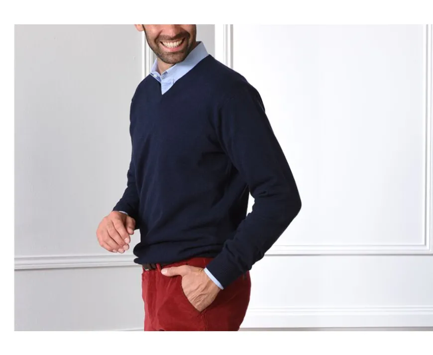 Jersey de lana para hombre con cuello de pico Azul marino Elian-Bexley Outlet