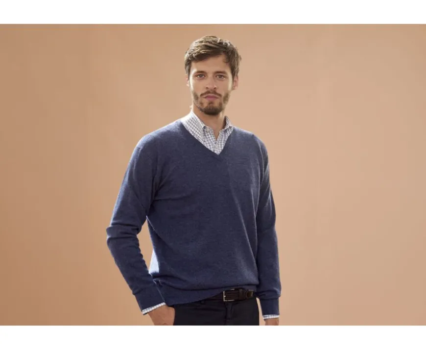 Jersey de lana para hombre con cuello de pico Azul oscuro moteado Elian-Bexley Discount