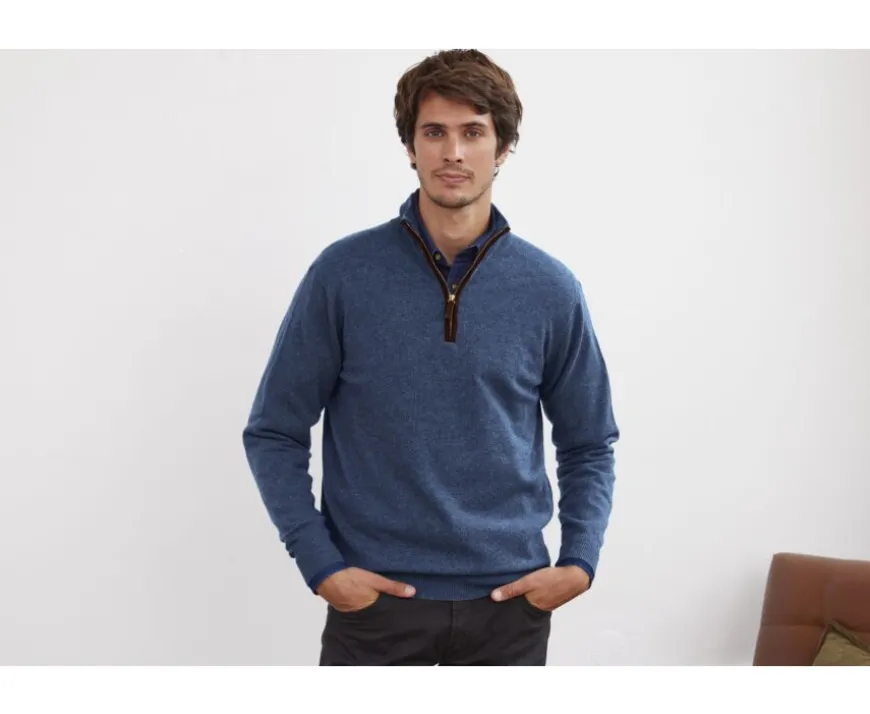 Jersey de lana para hombre con cuello cremallera Azul petróleo Keithy-Bexley Clearance