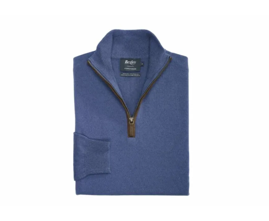 Jersey de lana para hombre con cuello cremallera Azul petróleo Keithy-Bexley Clearance