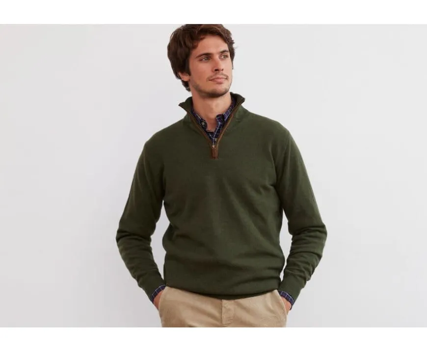 Jersey de lana para hombre con cuello cremallera Verde Keithy-Bexley Discount
