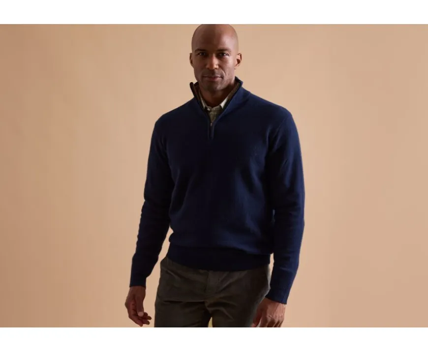 Jersey de lana para hombre con cuello cremallera Azul marino moteado y avellana Keyden-Bexley New