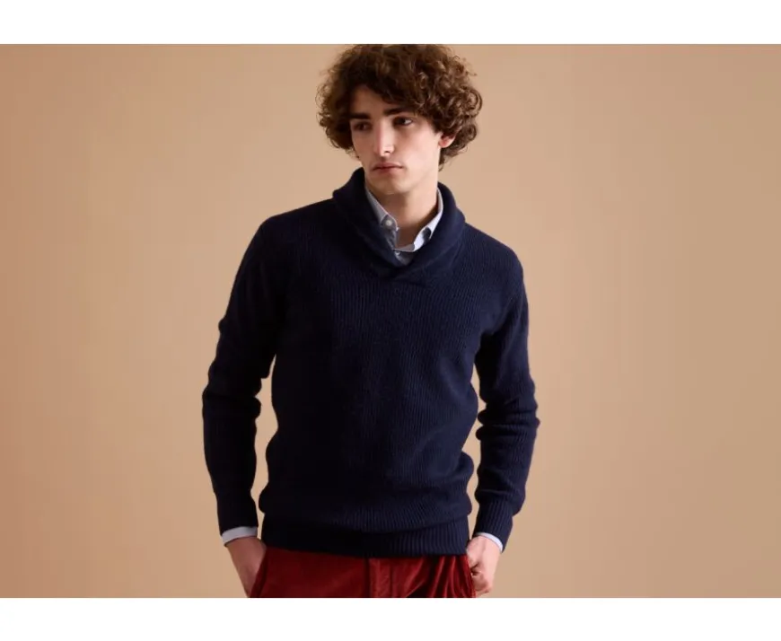 Jersey de lana para hombre Cuello chal Navy Kellan-Bexley Outlet
