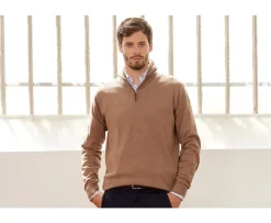Jersey fino algodón Pima/cachemira para hombre con cuello con cremallera Topo moteado Vlad-Bexley Store