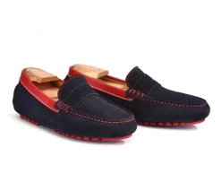 Mocasín de verano para hombre terciopelo Azul marino y piel Rojo Ferguson-Bexley Outlet