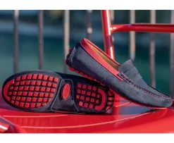 Mocasín de verano para hombre terciopelo Azul marino y piel Rojo Ferguson-Bexley Outlet